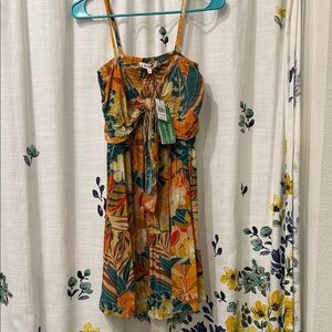 Tropical Floral Mini Dress in Orange and Green